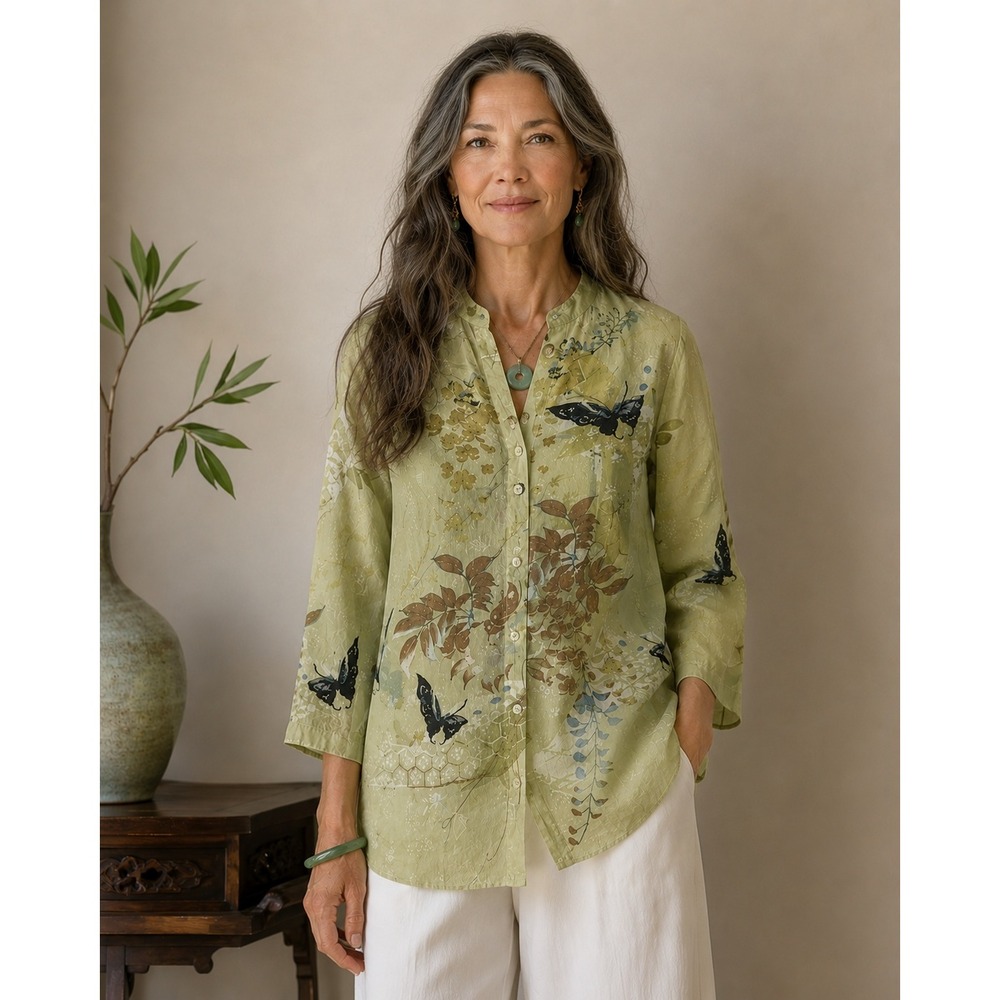 Citron Santa Monica Butterfly Silk Jacquard Button Up Blouse Green Medium